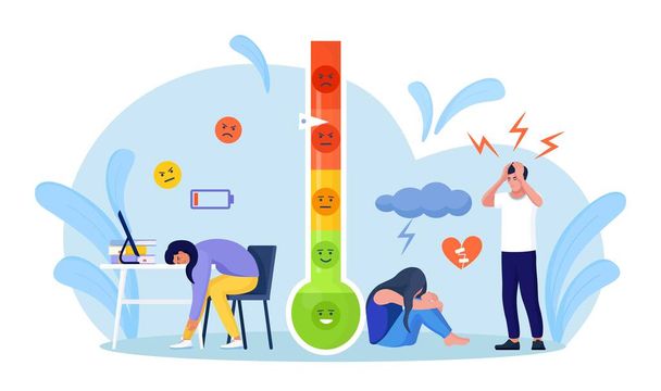 Thermometer as stress level scale emotions. Scale with arrow from red to green. Frustration and stress, Emotional overload, burnout, overworking, depression diagnosis. Mental disorder - Vector, Image
