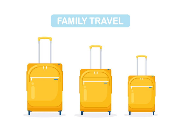 Three yellow modern suitcases. Luggage for family in vacation. Mom, dad and daughter or son with travel bag. One big baggage and two little with tag name - Vector, Image
