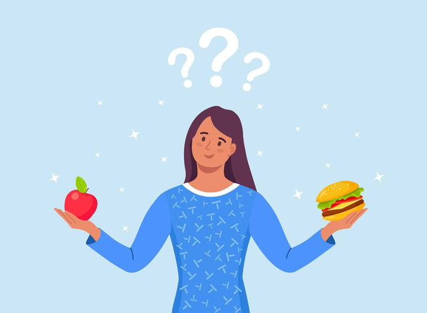 Mujer elegir entre alimentos saludables y no saludables. Comida rápida y equilibrada comparación de menús, dieta. Elección entre nutrientes buenos y malos - Vector, imagen