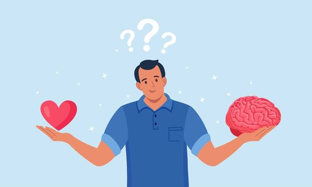 Young Man Hold Brain and Heart in Hands. Choosing between Feelings and Mind, Career or Hobby, Love or Work. Male Character Making Life Decision - Vector, Image