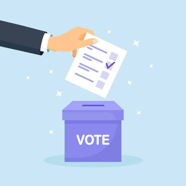 Szavazz a szavazóládára. Az ember papírszavazatot tesz a dobozba. Választási koncepció. Demokrácia, szólásszabadság, igazságszolgáltatás és véleménynyilvánítás. Népszavazás és közvélemény-kutatás - Vektor, kép