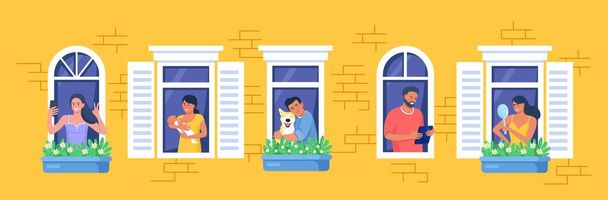 Εξωτερικός τοίχος σπιτιού με γείτονες και σκύλους στα παράθυρα. Ευτυχισμένοι άντρες και γυναίκες κοιτάζουν έξω από διαμερίσματα διαβάζοντας, τραβώντας φωτογραφίες, κουβεντιάζοντας με το τηλέφωνο, αγκαλιάζοντας, κρατώντας το παιδί. Μείνετε σπίτι, καθημερινή δραστηριότητα ρουτίνας - Διάνυσμα, εικόνα