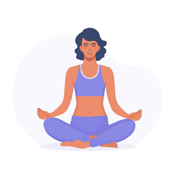 Junge Frau meditiert und sitzt in Lotusposition. Yoga, Meditation, Entspannung und gesunder Lebensstil - Vektor, Bild