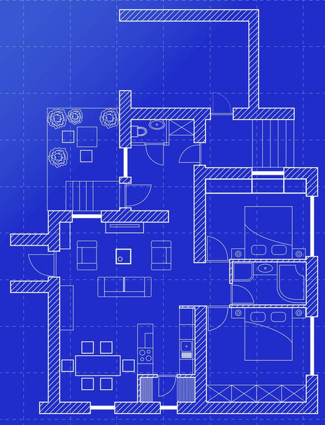 Λευκό σχέδιο ορόφων σκίτσο ενός σπιτιού σε χαρτί χιλιοστόμετρο. - Διάνυσμα, εικόνα