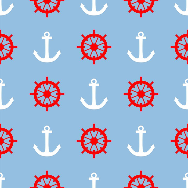 Tile sailor vector pattern with red rudder and white anchor on blue background - Vector, Image