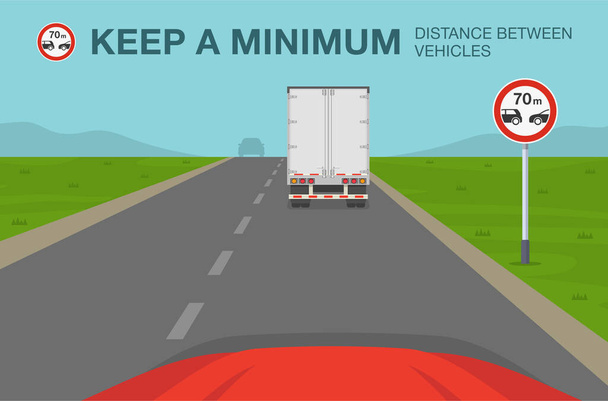Rijregels voor veiligheidsauto 's. "Minimale volgende afstand tussen het verkeer of het verkeersbord van een voertuig": template voor vlakke vectorillustraties. - Vector, afbeelding