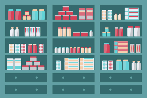 Big shelf in pharmacy store or hospital. Shopping for drug, syrup, antibiotics and vitamin to healthcare and aid. - Vector, Image