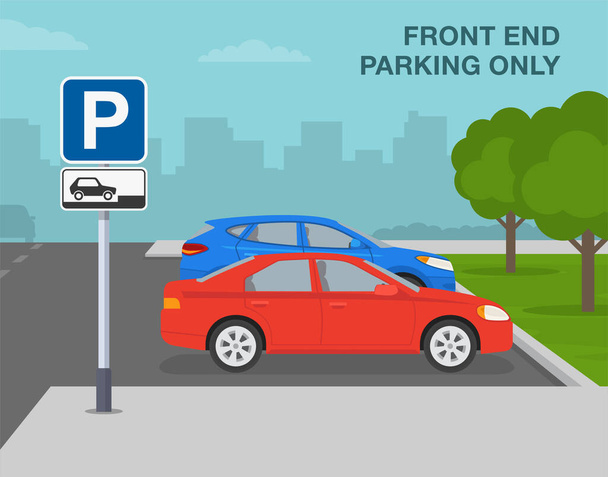 Szabadtéri parkolási szabályok. Oldalnézet egy parkoló autóra a városi úton. "Csak elülső parkolás" tábla jelentése. Lapos vektor illusztrációs sablon. - Vektor, kép