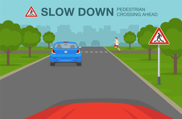 Biztonsági autóvezetési és forgalomszabályozási szabályok. A kocsi eléri a zebrát. A közlekedési vagy útjelző tábla arra utal, hogy gyalogátkelő van előttünk. Lapos vektor illusztrációs sablon. - Vektor, kép