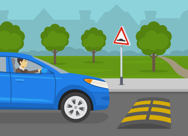 Κανόνες οδήγησης αυτοκινήτων ασφαλείας. Το μπλε SUV φτάνει στο σαμαράκι στο δρόμο. Ταχύτητα καμπούρα μπροστά προειδοποιητικό σημάδι. Επίπεδο πρότυπο εικονογράφησης διανύσματος. - Διάνυσμα, εικόνα