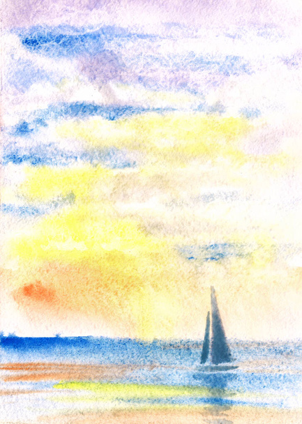 Seascape with sailing yacht at sunset watercolor drawing - Photo, Image