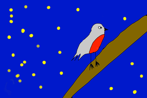 Funny birds on a tree at night. Children's drawing. High quality photo - Photo, Image