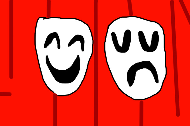 Máscaras teatrales sobre fondo rojo. Dibujo infantil. Foto de alta calidad - Foto, Imagen