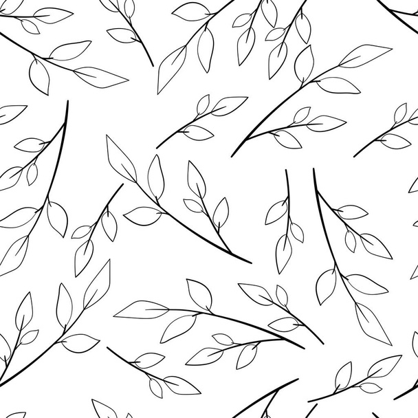  Black contour leaves seamless pattern on white background. over for eco, organic, vegan design. - Фото, зображення