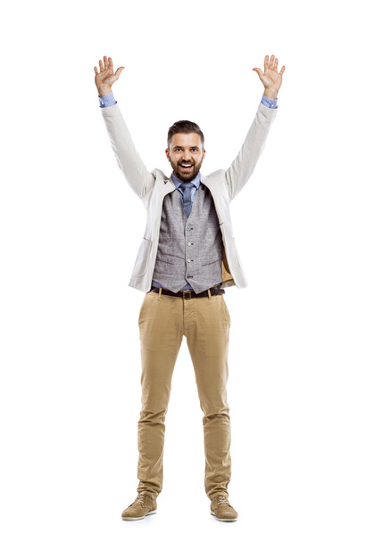 Businessman standing with raised hands - Foto, Imagem