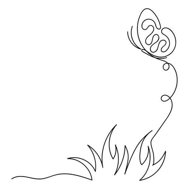 Непрерывный рисунок линии. Трава и бабочка. Ручная векторная иллюстрация. Декоративный дизайн поздравительной открытки. Копирование текста - Вектор,изображение
