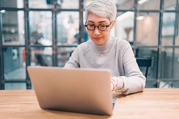 Moderní zralé středního věku obchodní žena pomocí notebooku práce a websurfingu na stole. - Fotografie, Obrázek