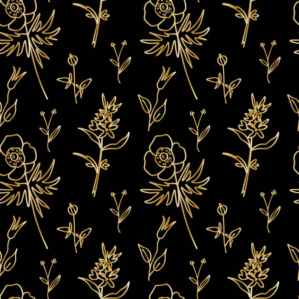 Vector nahtloses Muster mit goldenen Wildblumen auf schwarzem Hintergrund in kritzeln.Texturelle, botanische, Sommer-Druck in der Hand dr style.Design für Stoff, Packpapier, Verpackung, Textilien, Tapete. - Vektor, Bild