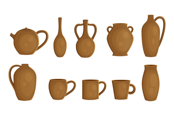 Set with different earthenware ceramic pottery vector - Vector, Image