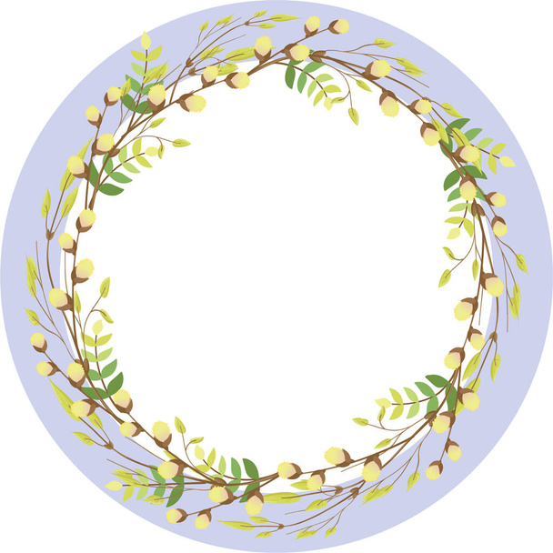Round wreath of branches with young leaves and willow branches. Design elements with leaves and branches. - ベクター画像