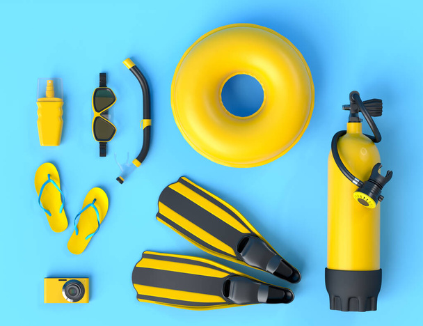 Colorful scuba stuff and beach accessories like umbrella, flip flops and inflatable ring on blue background. 3D render of summer vacation concept and holidays - Photo, Image