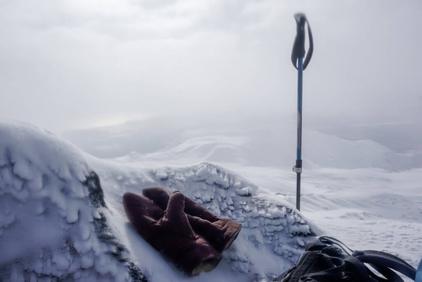 Gloves and a trekking stick in the snow near the Avachinsky Pass - Zdjęcie, obraz
