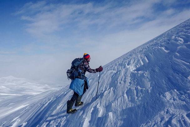 Hiker at the Avachinsky Pass and volcanoes in Kamchatka in winter - Valokuva, kuva