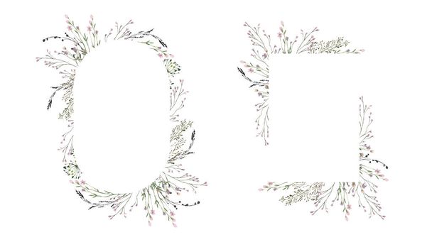 Aquarell Mittsommer Einladungsrahmen mit handgemalten zarten Blättern, rosa Blüten. Romantische wilde Blumen Rahmen perfekt für Hochzeits-Grußkarten, Einladung. - Foto, Bild