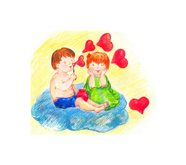 Roztomilý tisk pohlednice, kreslený akvarelovými tužkami na akvarelovém papíru, chlapec a dívka sedí na mraku se sklenicí červených srdcí, - Fotografie, Obrázek