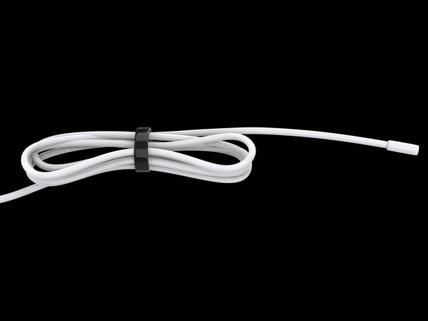 Cable de auricular pequeño blanco sujeto firmemente junto con banda de goma negra - Foto, imagen