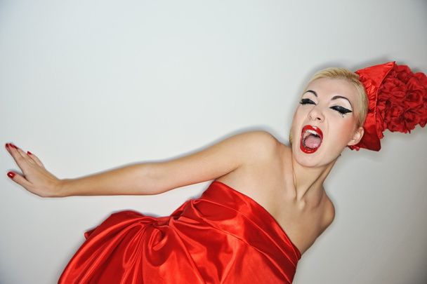 Screaming lady in red dress - Photo, image