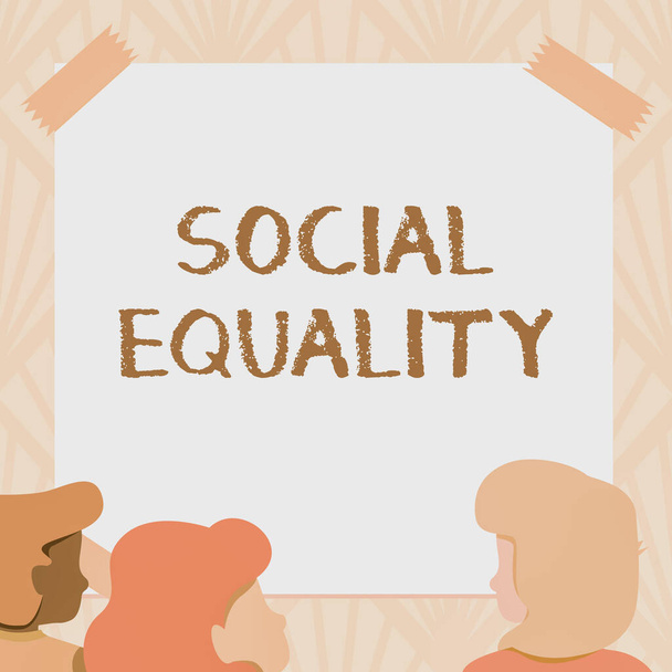 Bildunterschrift: Soziale Gleichheit. Konzeptfoto wendet Belange der Gerechtigkeit und Fairness auf sozialpolitische Teammitglieder an, die Whiteboard Brainstorming New Solutions betrachten - Foto, Bild