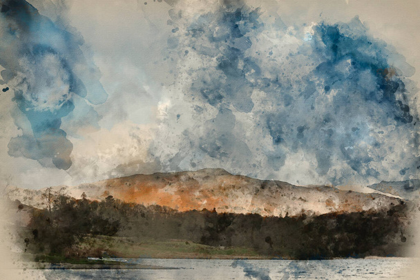 Digitális akvarell festmény gyönyörű tájkép tájkép körül Rydal Víz az Egyesült Királyságban Lake District  - Fotó, kép