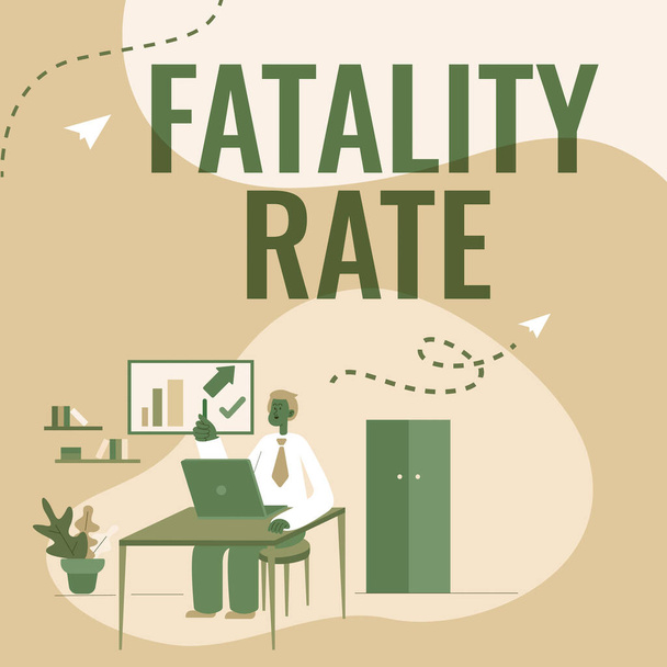 Schreiben von Text Fatality Rate. Unternehmen Schaufenster berechnete die Anzahl der Todesfälle über einen bestimmten Zeitraum Mann sitzt am Schreibtisch arbeiten und präsentiert neue Technologien. - Foto, Bild