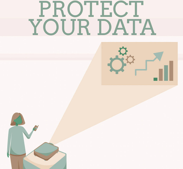 Κείμενο που δείχνει έμπνευση Προστατέψτε τα Δεδομένα σας. Επιχειρηματική προσέγγιση ασφάλεια στον κυβερνοχώρο ασφαλή και ασπίδα ψηφιακών πληροφοριών από απώλεια ή απάτη Lady Standing Holding Projector Remote Control Παρουσιάζοντας Γράφημα - Φωτογραφία, εικόνα