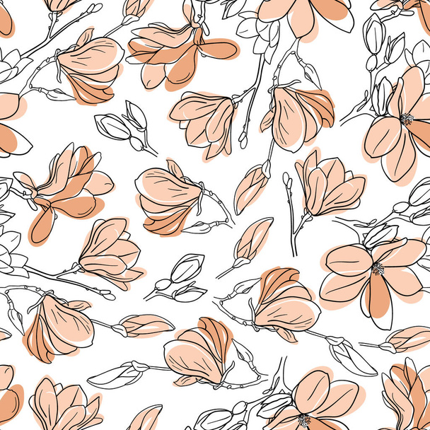 Vector floral seamless pattern of magnolia branches with flowers. Romantic elegant endless background. - Vektör, Görsel