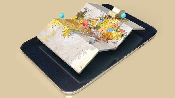Seyahat için harita ve tablet ya da uygulama taşıma konsepti 3D görüntüleme - Fotoğraf, Görsel