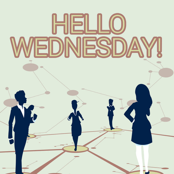 Podpis wyświetlający Hello Wednesday. Fotografia konceptualna Jest to dobry dzień, gdy dotrzeć w połowie tygodnia Kilku członków zespołu stojących oddzielne myślenie Połączone linie na piętrze. - Zdjęcie, obraz