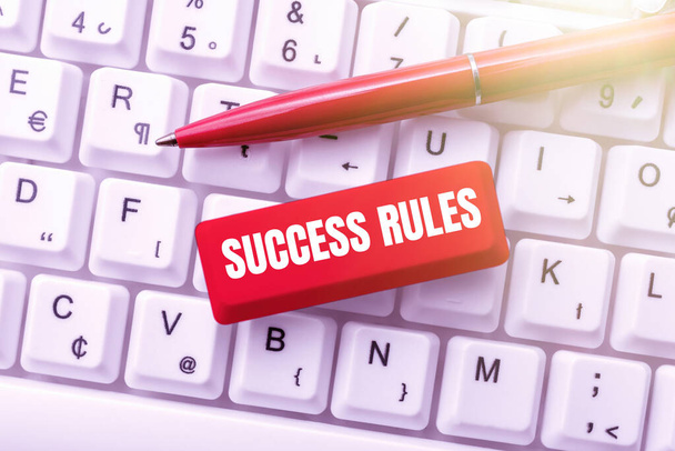 Sign displaying Success Rules. Business overview established ways of setting goals making it easier to achieve Typing Product Ingredients, Abstract Presenting Upgraded Keyboard - Photo, Image