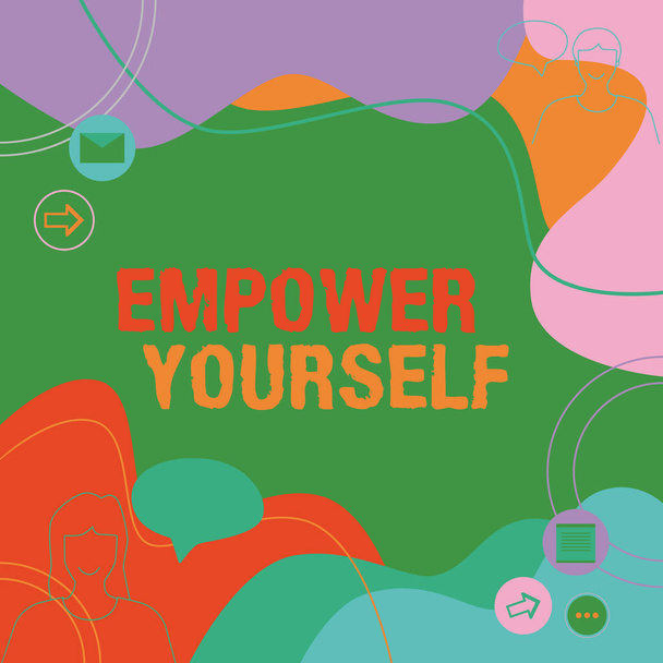 Bildunterschrift: Empower Yourself. Internet-Konzept, das Ihnen die Macht gibt, Ihr eigenes Schicksal in die Hand zu nehmen Illustration Paar spricht in Chat-Cloud Nachrichten austauschen. - Foto, Bild