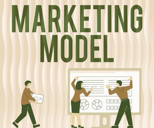 インスピレーションマーケティングモデルを示すテキスト。ビジネスでは、テーブル・プロジェクション・グラフの横に立つ図面を描く販売の同僚の反復回帰のような統計分析を紹介しています。 - 写真・画像