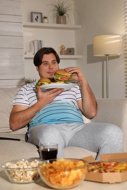 Overweight man with plate of burgers and French fries on sofa at home - Fotografie, Obrázek