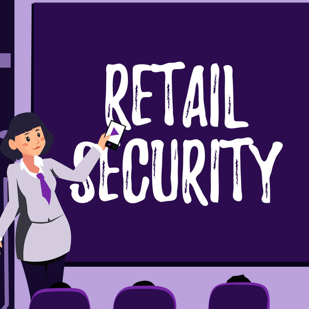 Konzeptionelle Bildunterschrift: Retail Security. Word Written on process which goods sold to the public in a secure fashion Woman Holding Remote Control Presenting Neueste Ideen on Backdrop Screen. - Foto, Bild