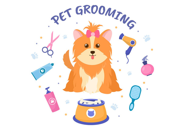 Pet Grooming for Dogs and Cats in Flat Cartoon Ręcznie rysowane tło Ilustracja. Główne narzędzia, które są używane w salonie piękności na plakat lub sztandar - Wektor, obraz