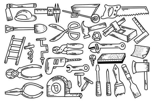 Colección de ilustración de herramienta de carpintería dibujada a mano de sierra, martillo, taladro, tijeras, etc. - Vector, imagen