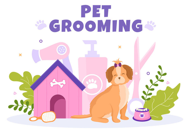 Pet Grooming for Dogs and Cats in Flat Cartoon Hand getekend Achtergrond Illustratie. De belangrijkste hulpmiddelen die worden gebruikt in Beauty Salon voor Poster of Banner - Vector, afbeelding