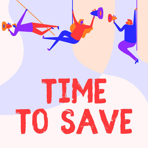 Inspiratie toont teken Tijd om te besparen. Internet Concept om iets efficiënter te doen dat minder tijd nodig is Mensen tekenen opknoping op het plafond met megafoons maken van aankondiging. - Foto, afbeelding