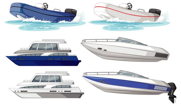 Set of different kinds of boats and ships isolated illustration - Vector, Image