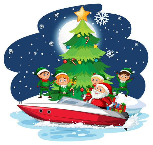 Babbo Natale e gli elfi su un motoscafo a illustrazione notte nevosa - Vettoriali, immagini
