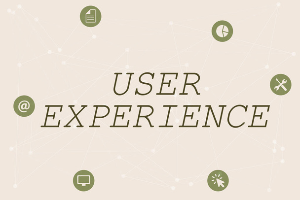 Text sign showing User Experience. Word Written on how a person reacts and feels after using a specific product Line Illustrated Backgrounds With Various Shapes And Colours. - Photo, Image